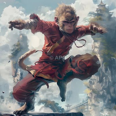 Sun Wukong (Monkey King) in dynamischer Kampfpose vor mystischer Berglandschaft